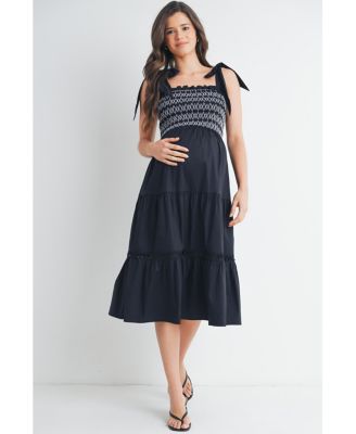 Maternity Smocked Empire Waist Midi Dress with Shoulder Ties