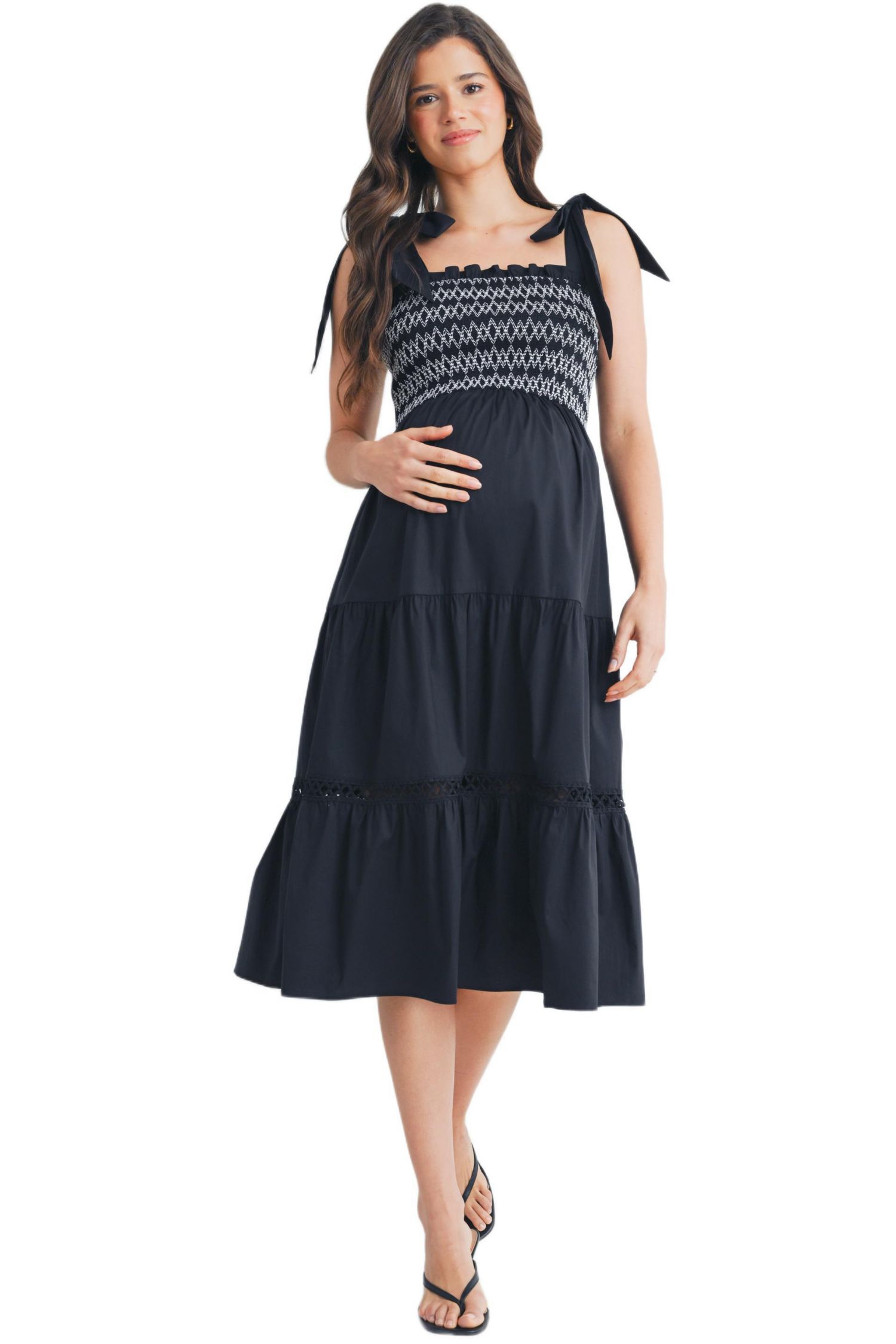 Women's Smocked Empire Waist Midi Dress with Shoulder Ties