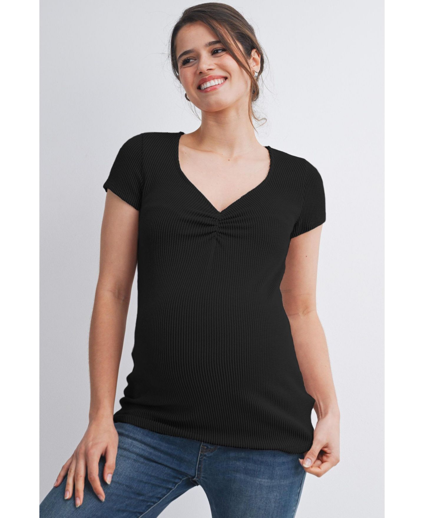 Женский топ Hello Miz Maternity Ribbed Sweetheart Neck Short-Sleeve Top, цвет: Чёрный — фото 1