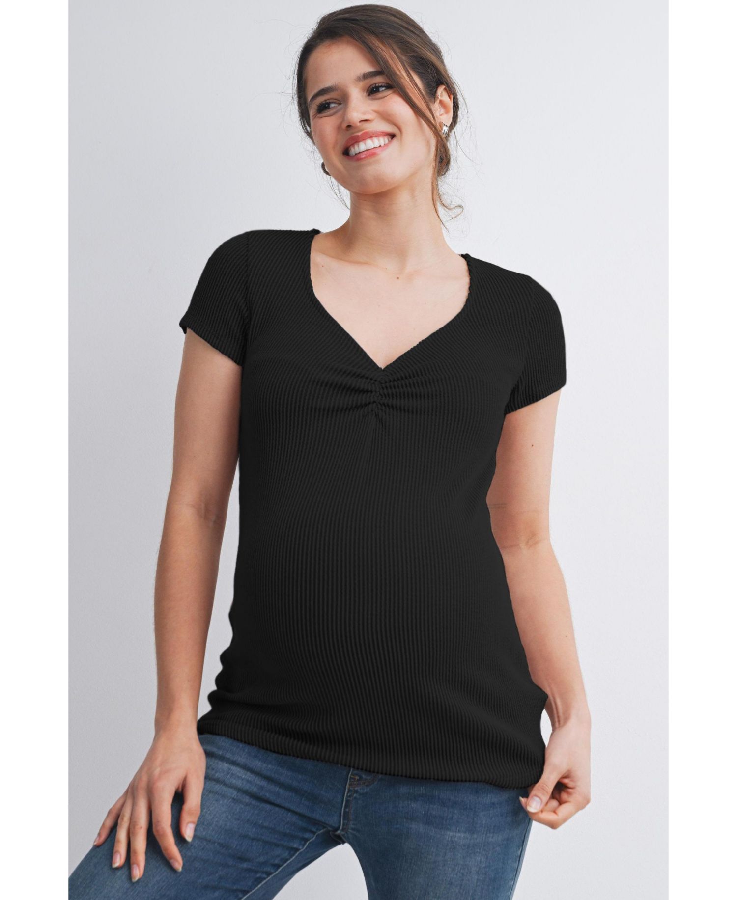 Maternity Ribbed Sweetheart Neck Short-Sleeve Top