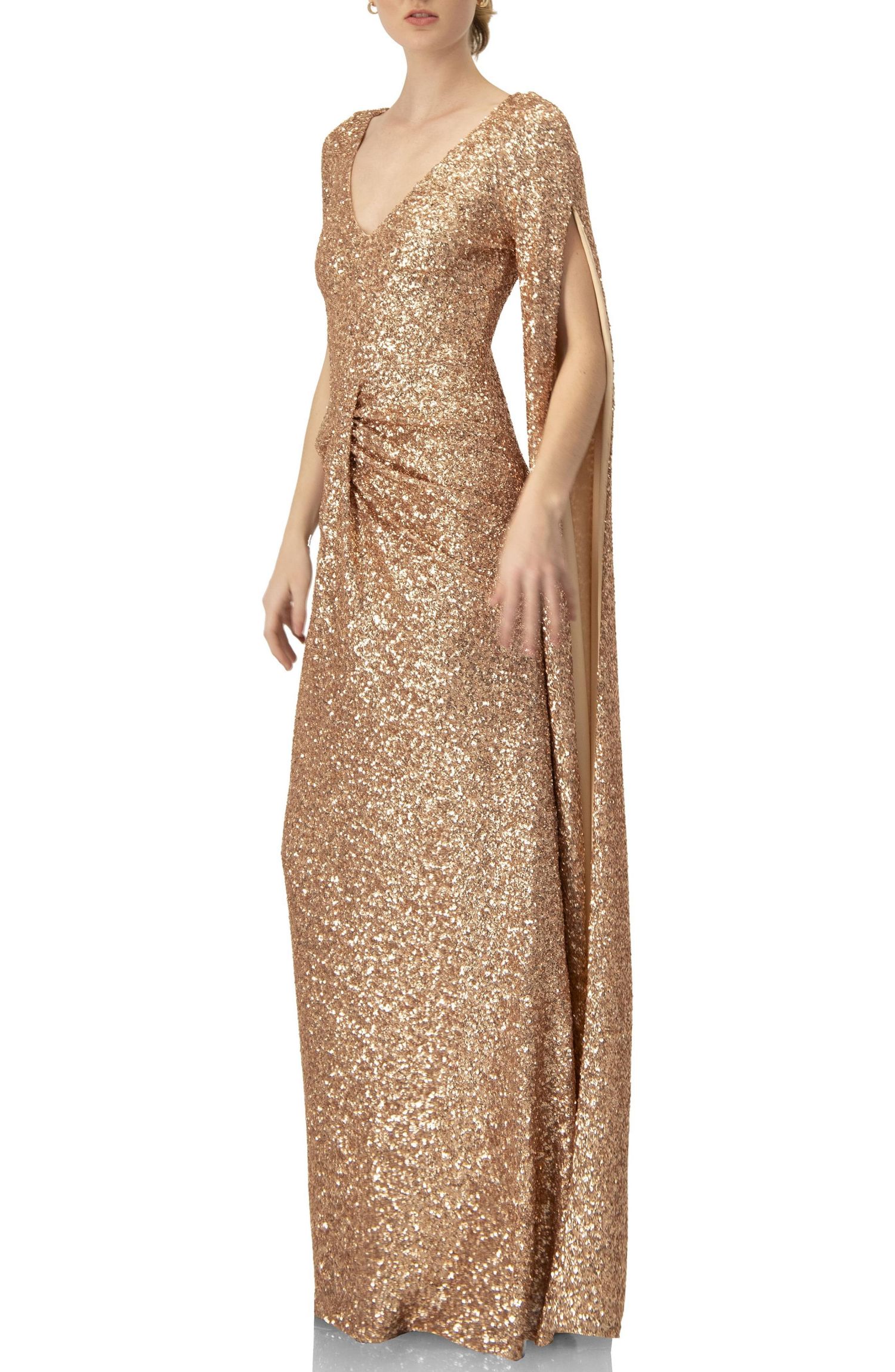 Women's Long Sleeve V-Neck Sequin Evening Dress with Slit