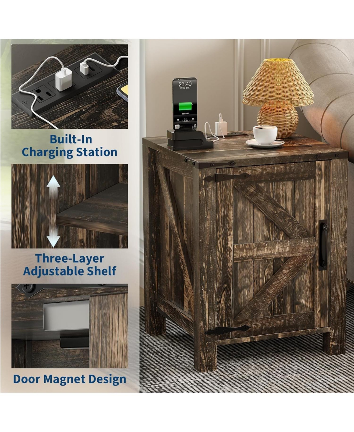 gaomon Rustic Farmhouse Nightstand with Charging Station, Barn Door & Adjustable Storage Shelf