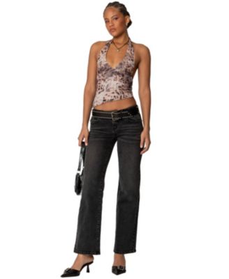 Women's Leopard Mesh Asymmetric Halter Top