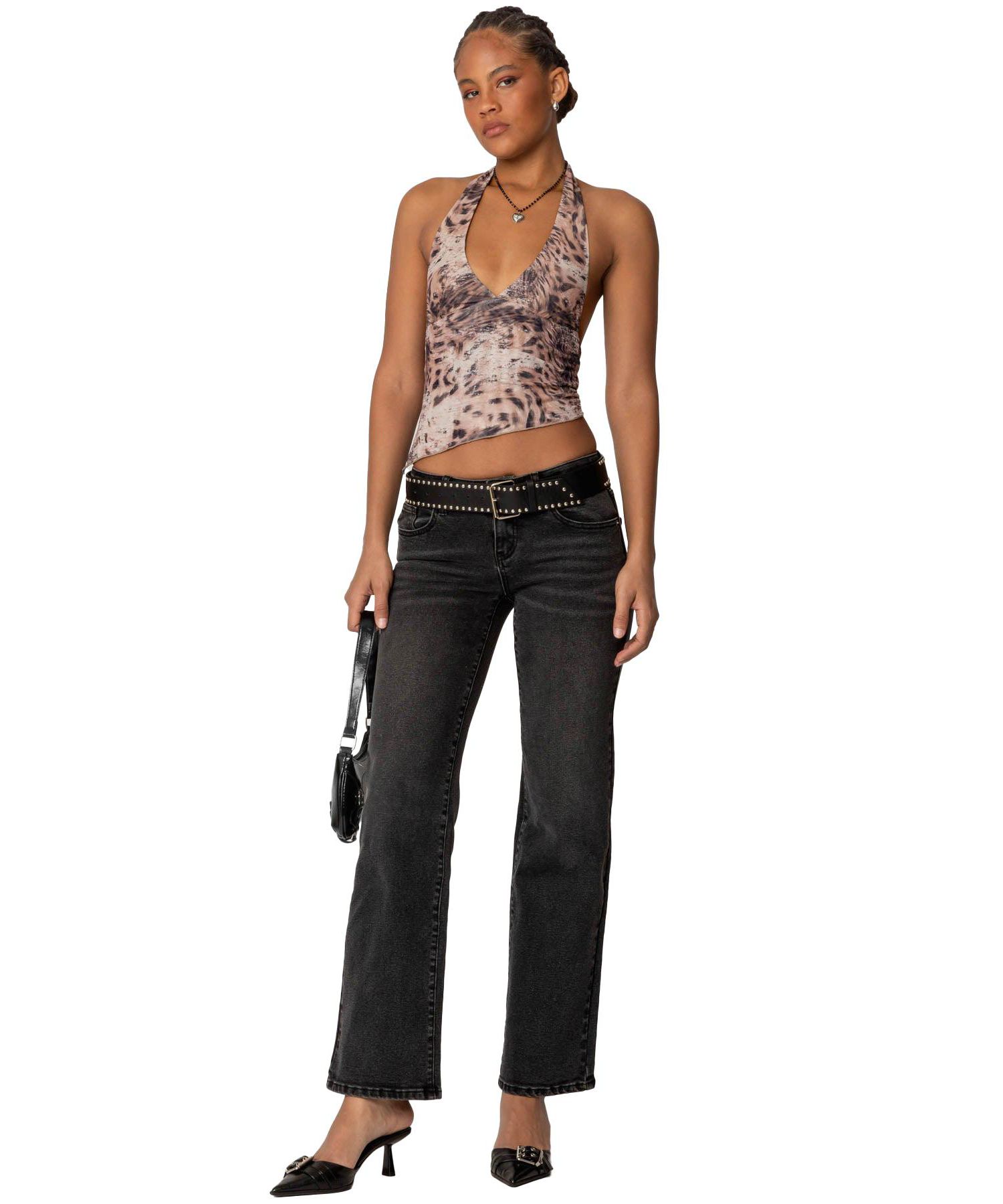 Women's Leopard Mesh Asymmetric Halter Top
