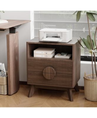 Modern Wood Nightstand with Charging Station, Fluted Bedside Table with Drawers and Shelf for Bedroom, Living Room