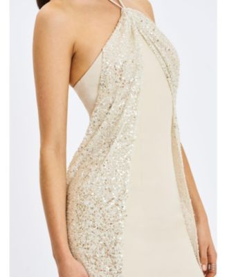 Women's Quimera Almond Beaded Cape Halter Off-Shoulder Maxi Gown