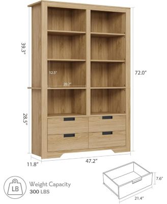 72" Tall Bookshelf with 4 Drawers, Farmhouse 6-Tier Double Wide Bookcase with Storage, Large Freestanding Bookshelf