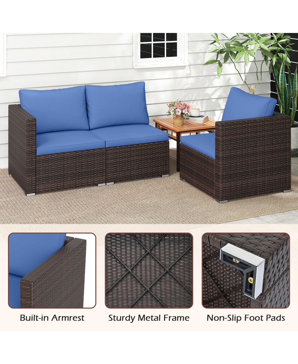 Gymax 3PCS Patio Sectional Sofa Set w/Right Arm and Left Soft Cushions