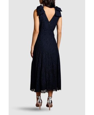 Women's Bow Shoulder V Neck Lace Midi Dress