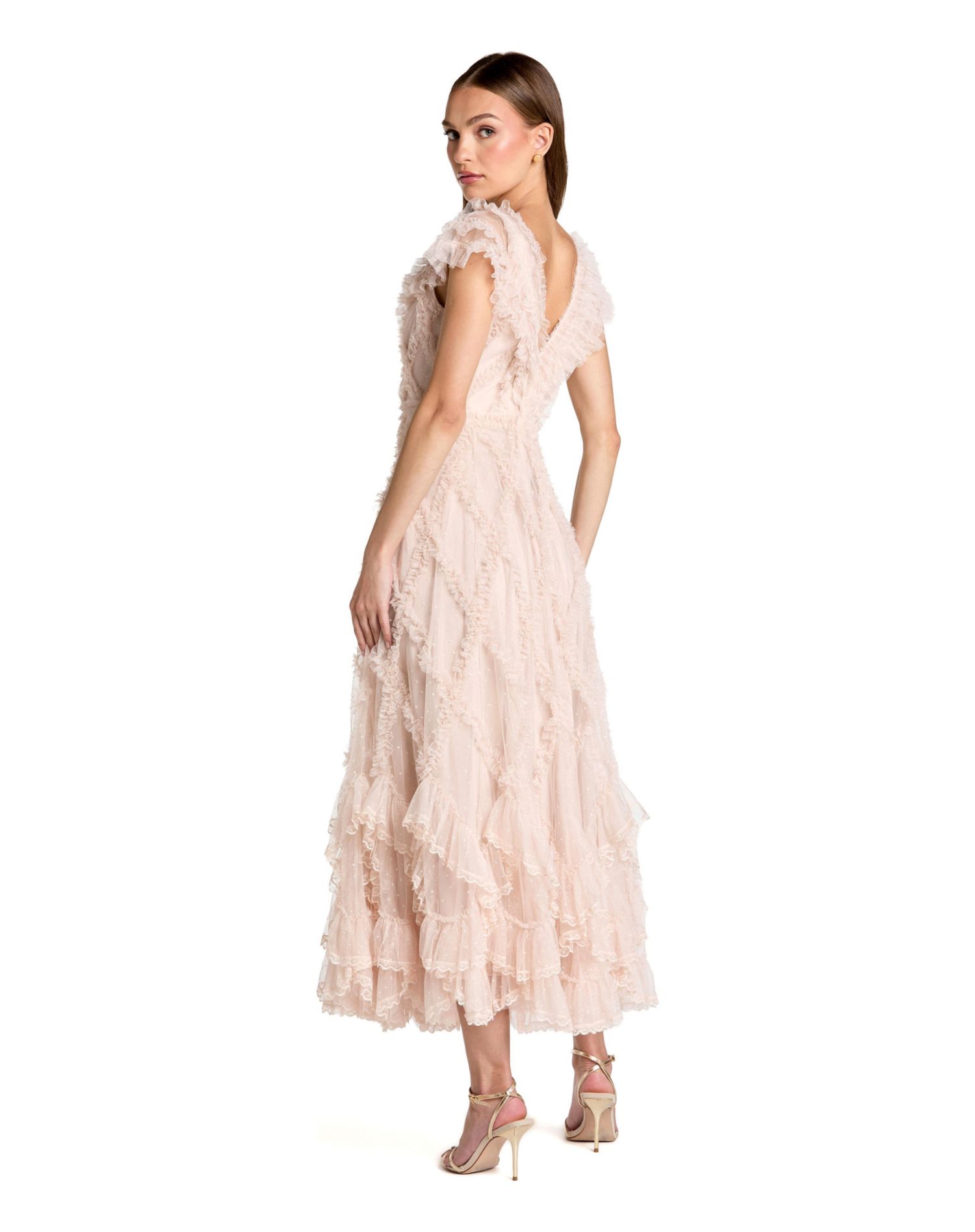 Women's Micro Ruffle Cap Sleeve A-Line Midi Dress