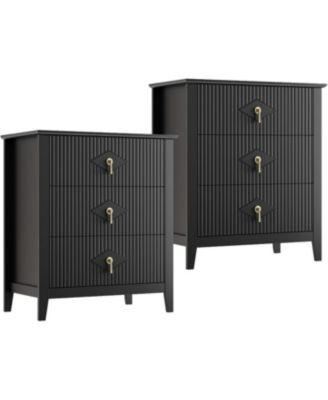 2 Piece Fluted Nightstand Set, 27.5" Wide Bedside Tables with 3 Storage Drawers & Metal Handles for Bedroom