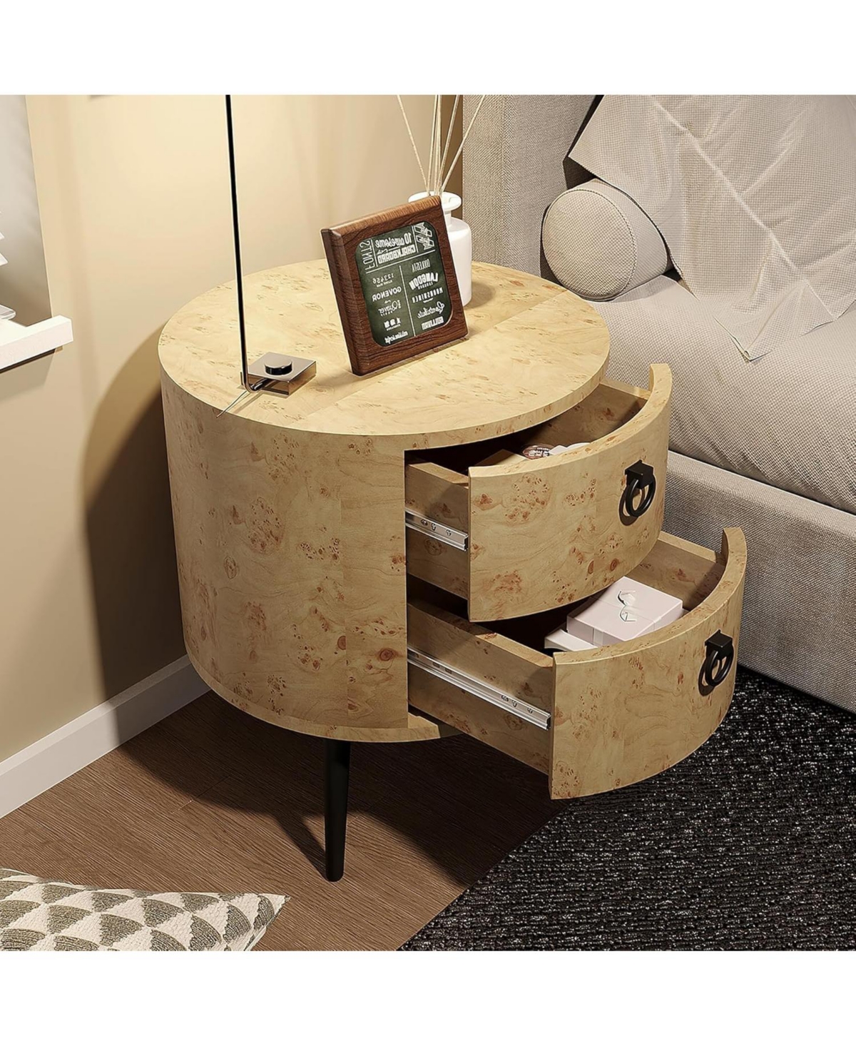 gaomon 2-Pack Round Side Table with Drawers, 188" Modern Farmhouse Bedside Table, Wood Accent Table with Metal Legs & 300lb Capacity for Living R