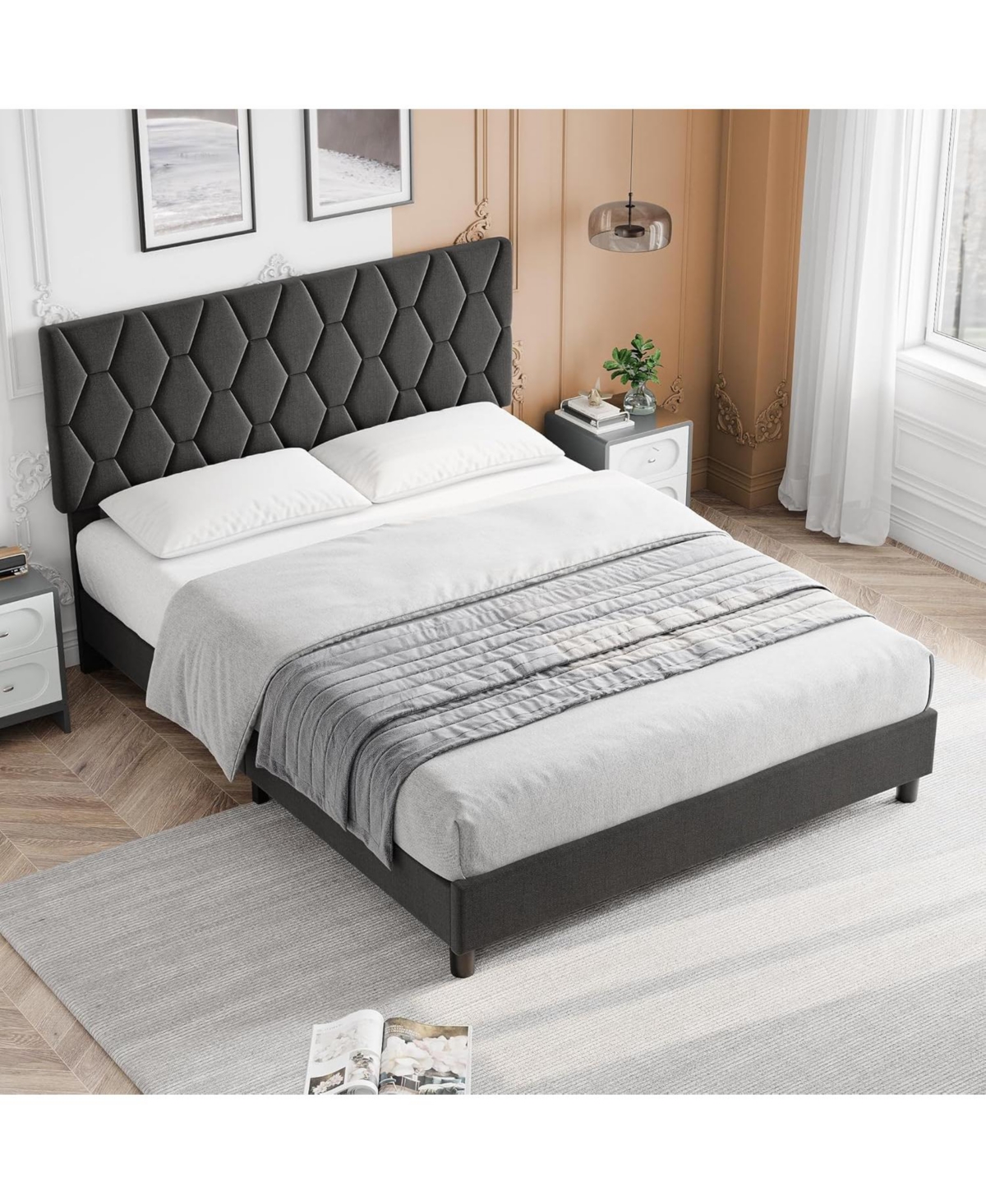 gaomon Bed Frame with Adjustable Headboard, Upholstered Platform Sturdy Wood Slats Support, No Box Spring Needed