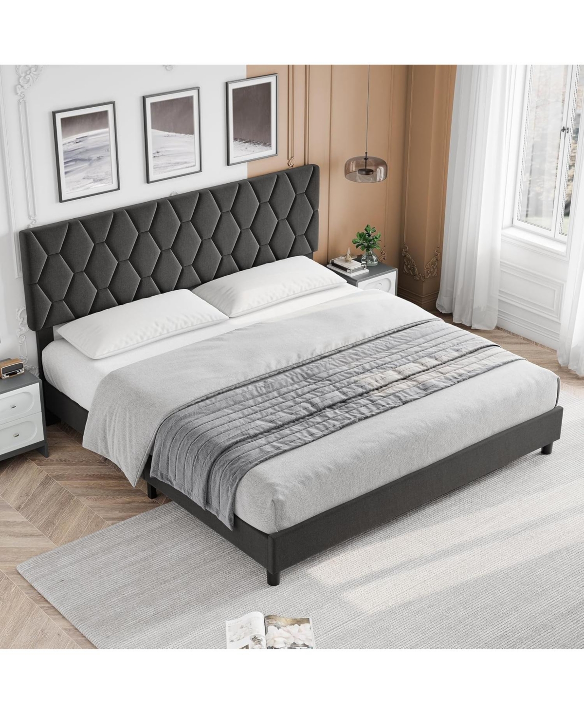 gaomon Bed Frame with Adjustable Headboard, Upholstered Platform Sturdy Wood Slats Support, No Box Spring Needed