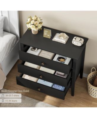 Fluted 3 Drawers Dresser Set of 2, Wide Wood Chest of Drawers, Modern Storage Dresser Chest of Drawers Organizer with Metal Legs for Bedroom