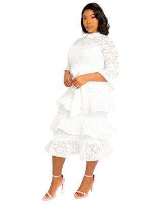 Plus Size Lace Bell Sleeve Tiered Dress