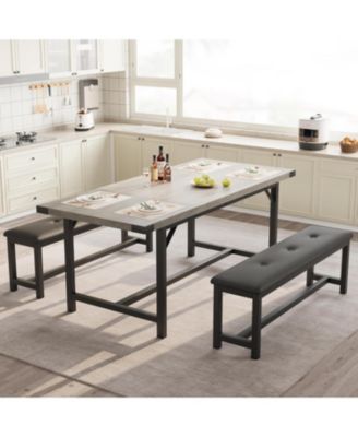 3Pcs Dining Table Set for 4-6, 63" Extendable Thick Metal Frame Kitchen Table with 2 Upholstered Benches Set for 6, Wooden Dinette Table