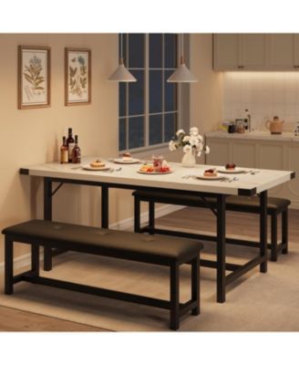 3Pcs Dining Table Set for 4-6, 63" Extendable Thick Metal Frame Kitchen Table with 2 Upholstered Benches Set for 6, Wooden Dinette Table