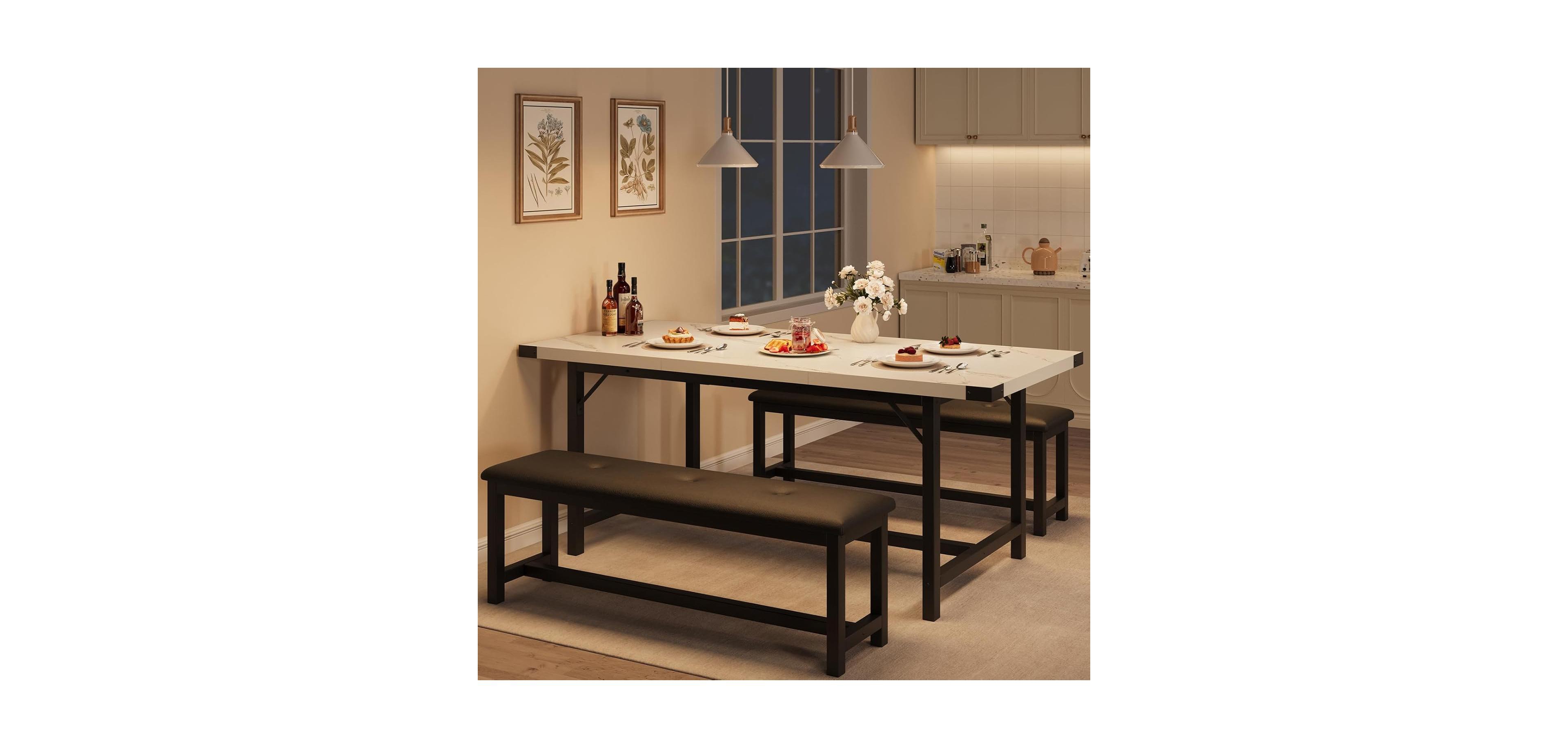 gaomon 3Pcs Dining Table Set for 4-6, 63" Extendable Thick Metal Frame Kitchen with 2 Upholstered Benches 6, Wooden Dinette