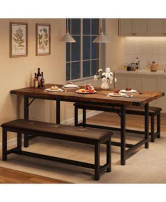 3Pcs Dining Table Set for 4-6, 63" Extendable Thick Metal Frame Kitchen Table with 2 Upholstered Benches Set for 6, Wooden Dinette Table