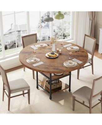 Round Dining Table for 4-6 People 47 Inch with 2-Layer Storage Shelf, Farmhouse-Style Wooden Table