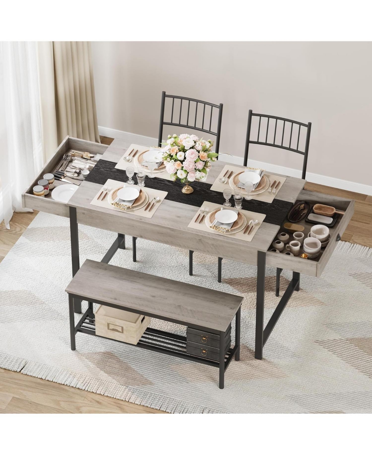 gaomon Dining Table Set for 4, Small Kitchen and 2 Chairs 4 with Bench, Breakfast Nook Rectangular Farmhouse