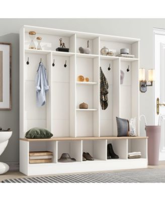 Wide Design Hall Tree with Storage Bench with 8 Hooks for Entryway