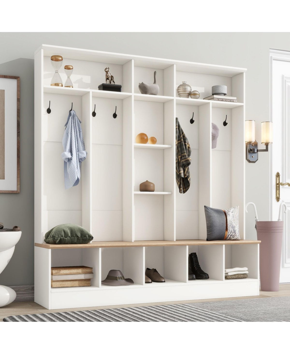 Clihome Wide Design Hall Tree with Storage Bench with 8 Hooks for Entryway