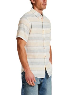Men's Short-Sleeve Button Down Herringbone Horizontal Stripe Cotton Shirt