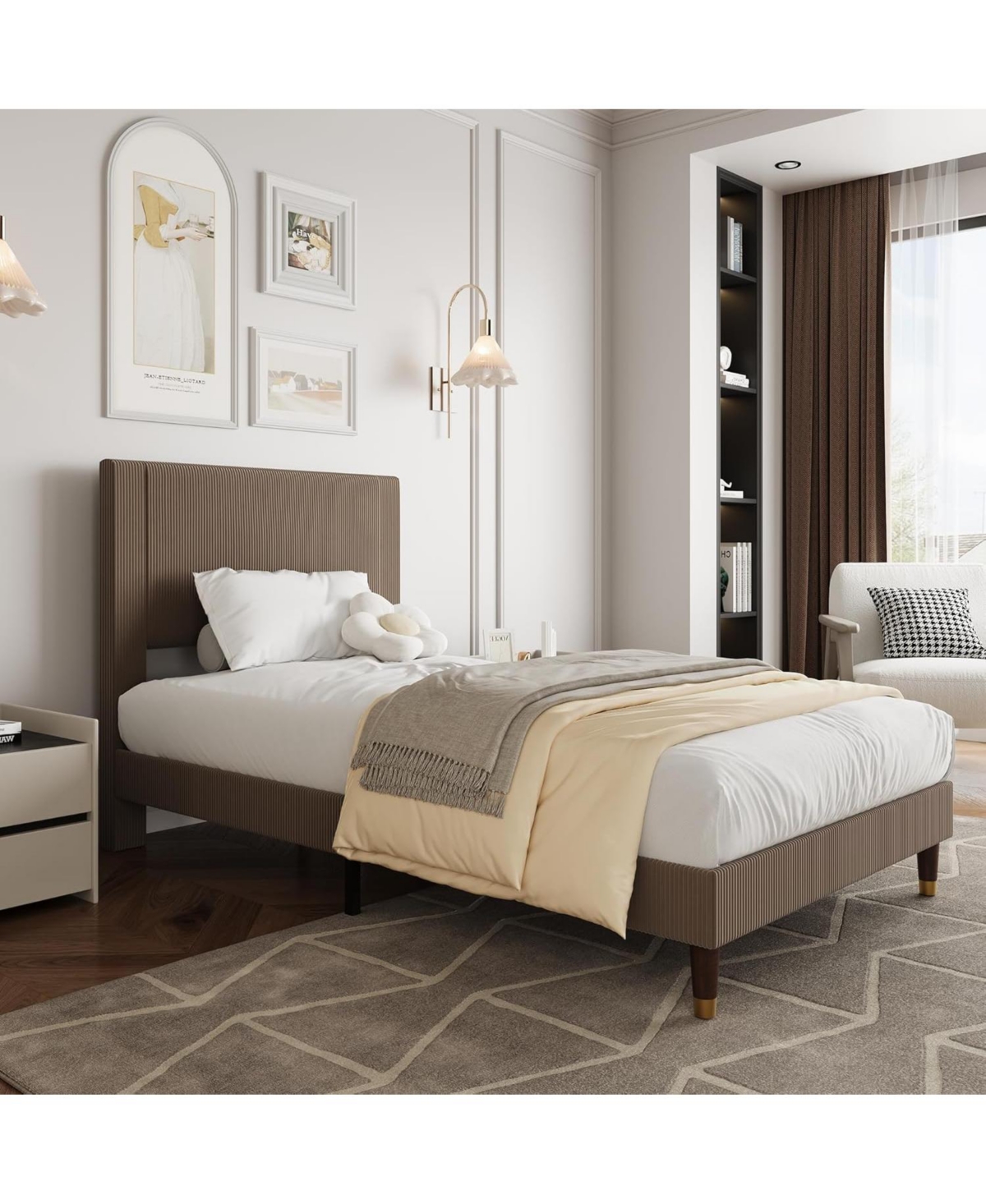 gaomon Bed Frame with Headboard, Corduroy Upholstered Platform Wooden Slats Support - No Box Spring Needed & Noise Free