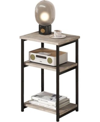 Slim 3-Tier End Table with Storage Shelves, Narrow Mobile Side Table for Small Spaces, Industrial Wood & Metal Sofa Table, Record Player St