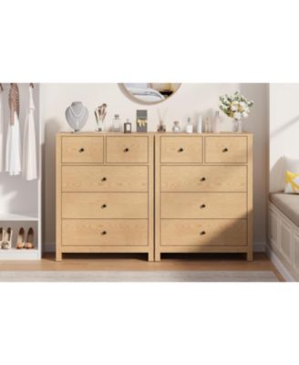 Natural Oak Dresser for Bedroom, Tall 5 Drawer Dresser with Deep Drawers & Metal Knobs, Modern Wooden Double Chests of Drawers for Kids Bedroom