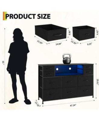 10 Fabric Drawers Dresser with LED Lights, Entertainment Center with Charging Station, Wood Top, Open Shelves, TV Stand for 40"-55" TV