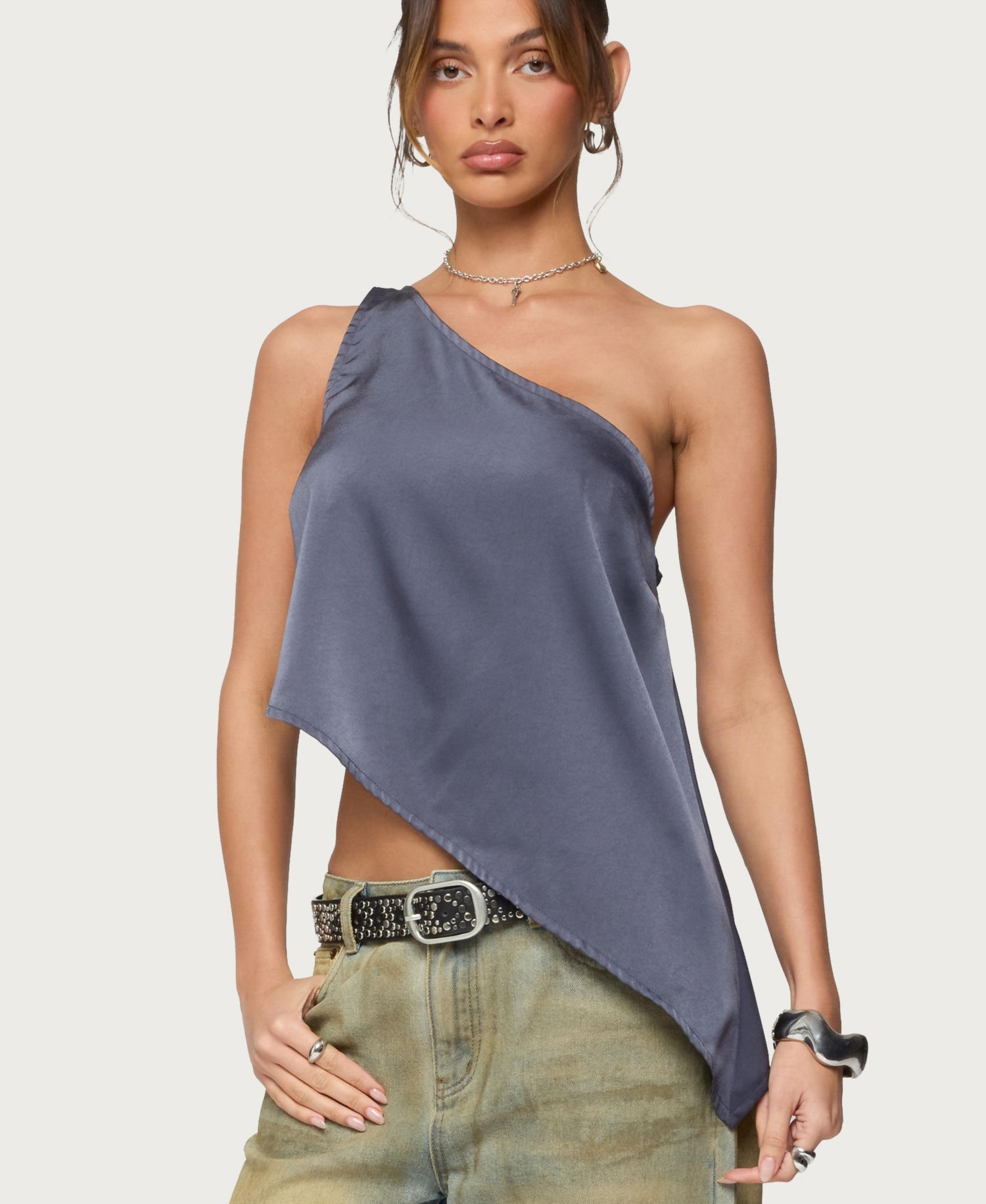 Women's Asymmetric Satin Effect One Shoulder Top