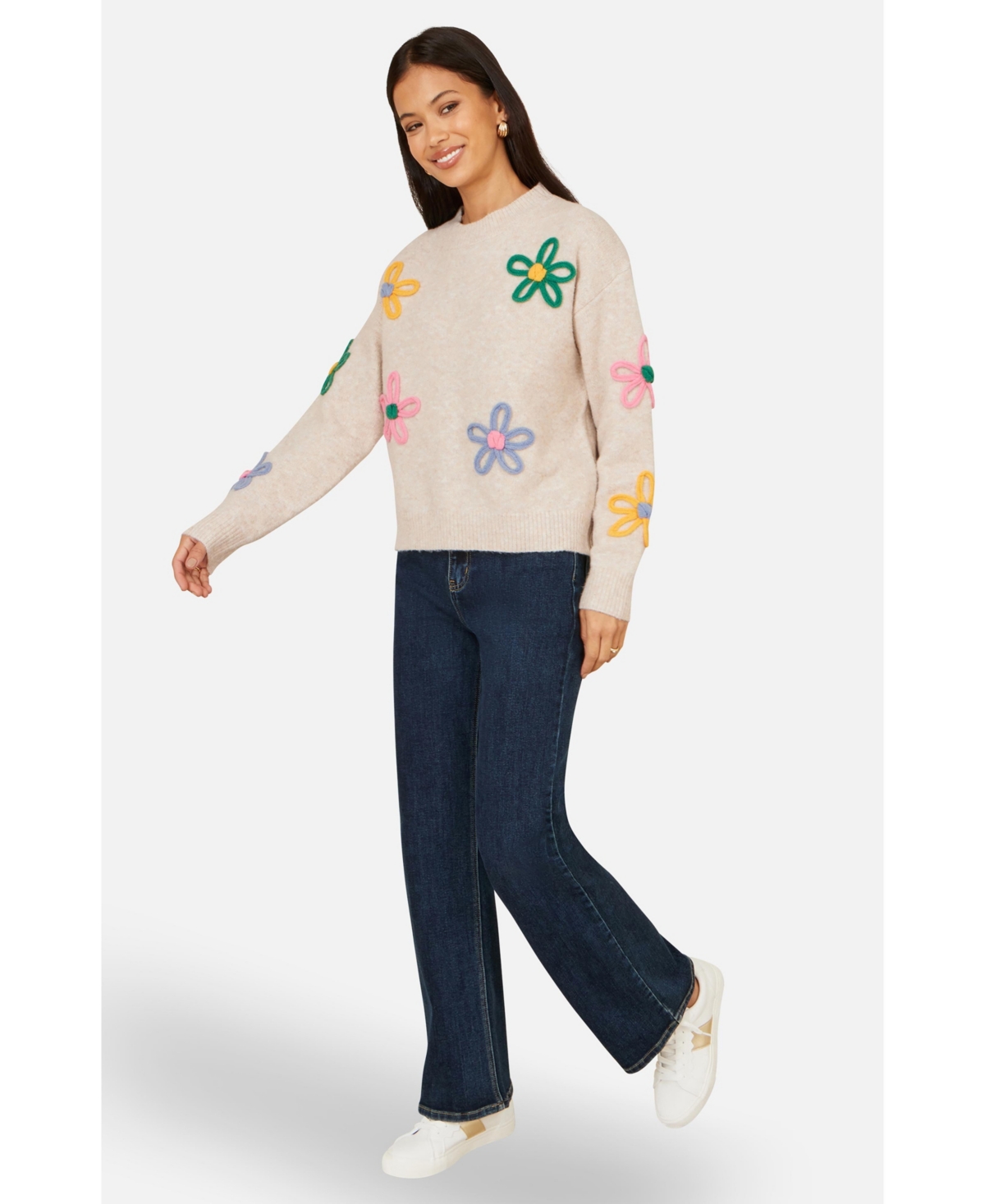 Yumi Women's Relaxed Flower Embroidered Jumper