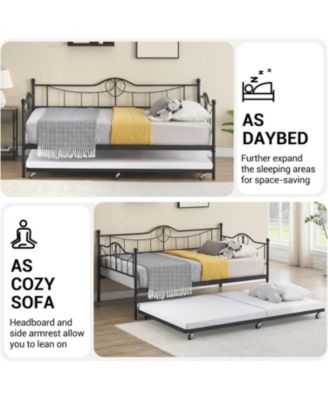 Modern Twin Daybed with Trundle and Backrest, Metal Sofa Bed Frame with Steel Slat Support and Art Sweet Heart Design,for Living Room