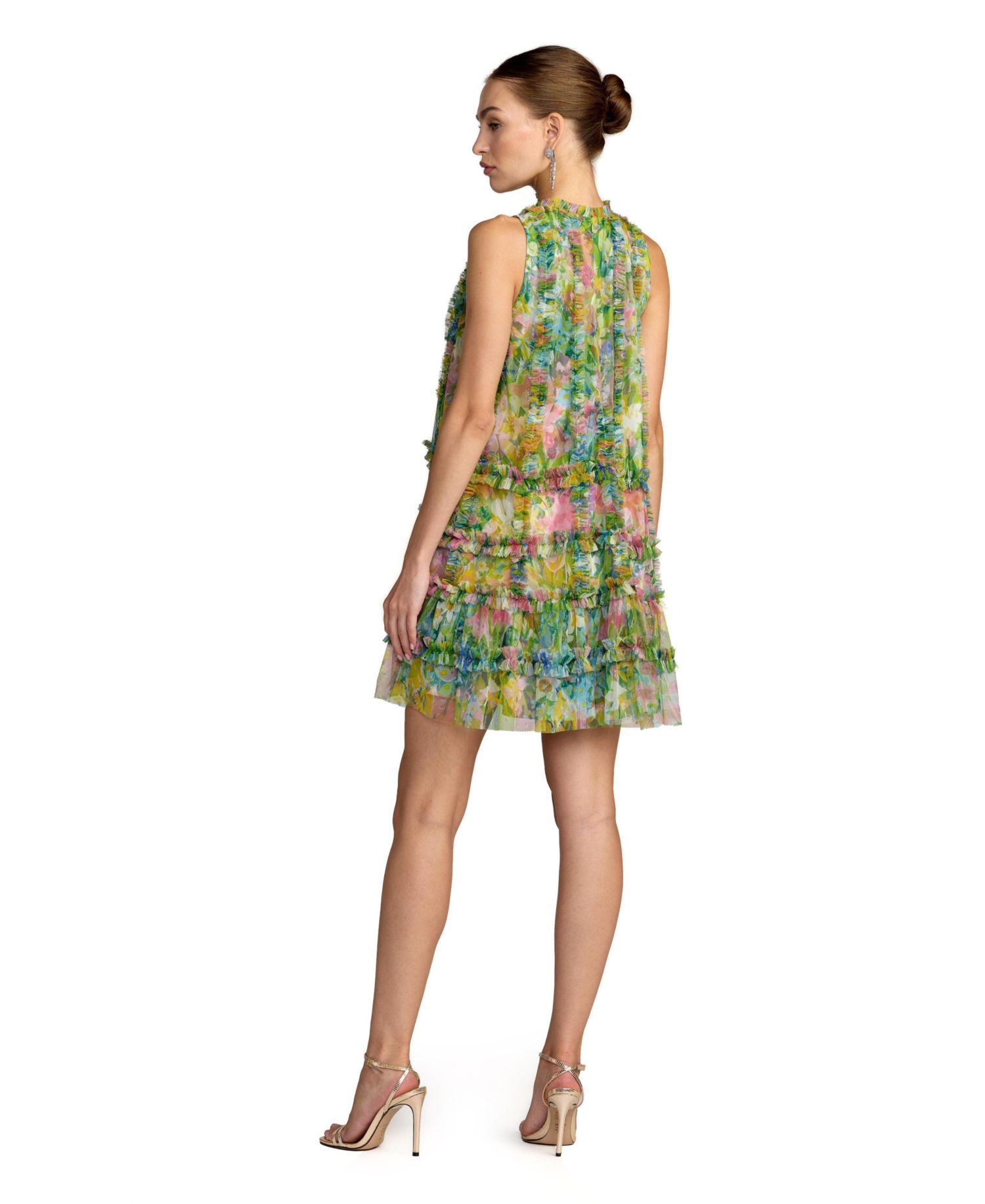 Women's Sleeveless High Neck Printed Mesh Mini Dress