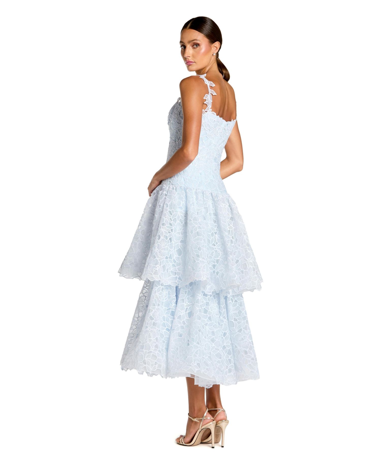 Women's Petite Sleeveless Embroidered Lace Tiered Midi Dress