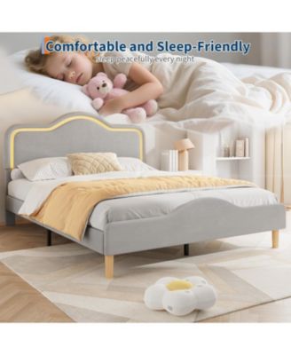 Upholstered Adjustable-LED Princess Platform Bed Frame Wooden Slats Support