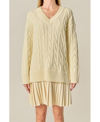 Women's Mixed Media Pleated V Neck Mini Dress