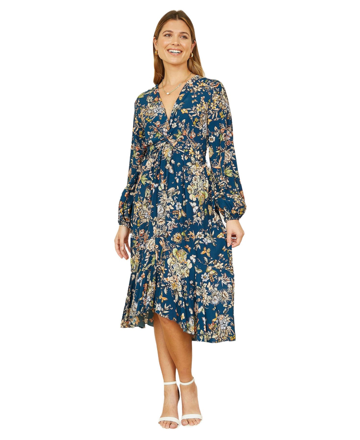 Women's Tie Knot Front Long Sleeve Midi Dress