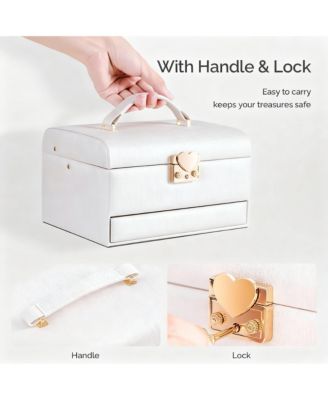 Leather Jewelry Organizer with 3 Drawers, Mirror, and Lock