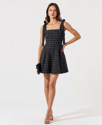 Women's Tweed Plaid Tie-Strap Square Neck Mini Dress