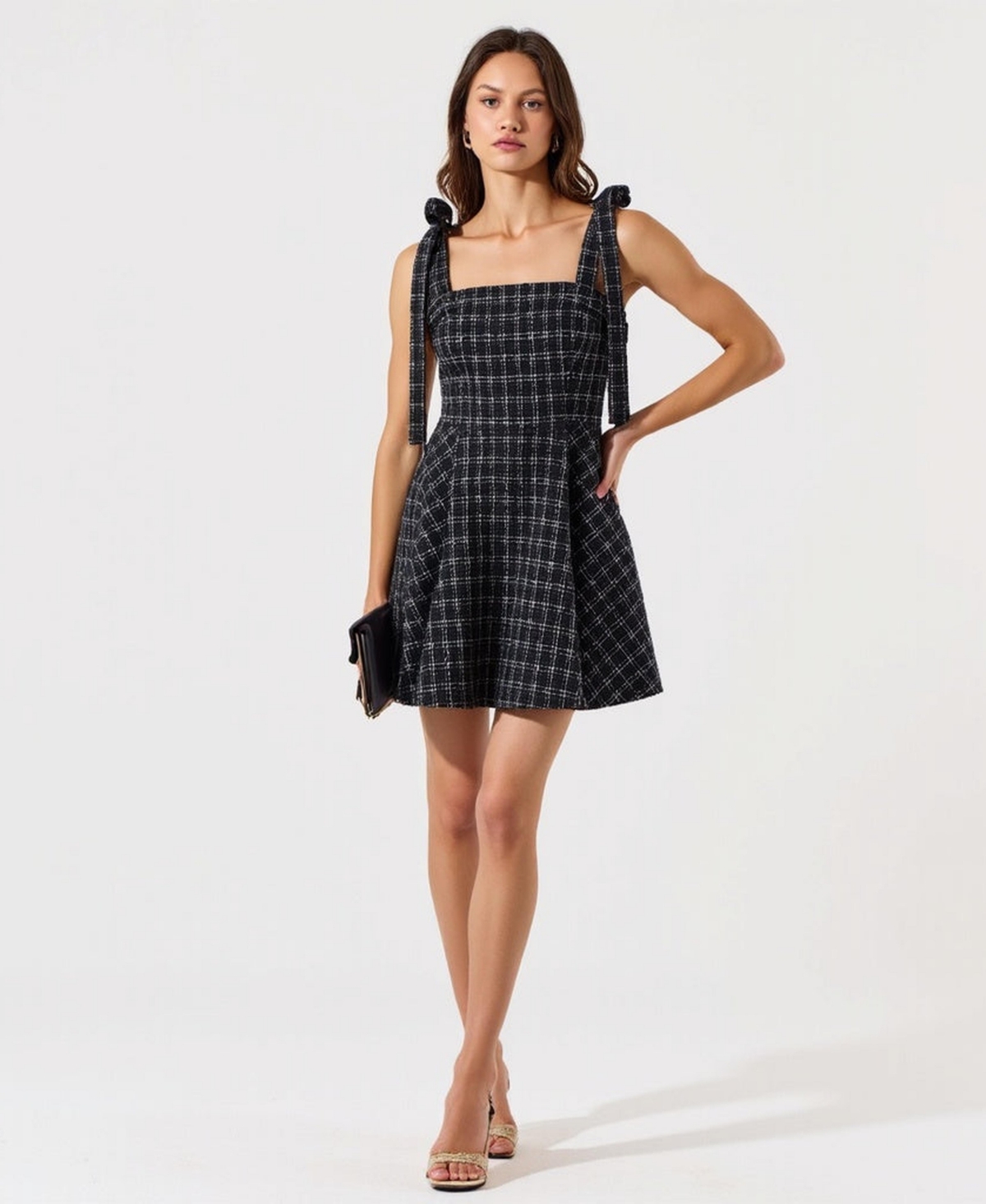 Modenaire Women's Tweed Plaid Tie-Strap Square Neck Mini Dress