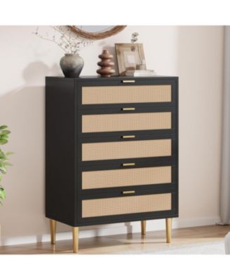Rattan 5 Drawer Tall Dresser, Narrow Wooden Chest with Metal Legs & Handles for Bedroom