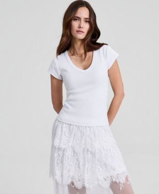 Women's V-Neck Rib-Knit Short-Sleeve T-Shirt