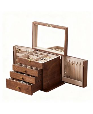 Luxury Walnut Jewelry Organizer with Mirror and Lock