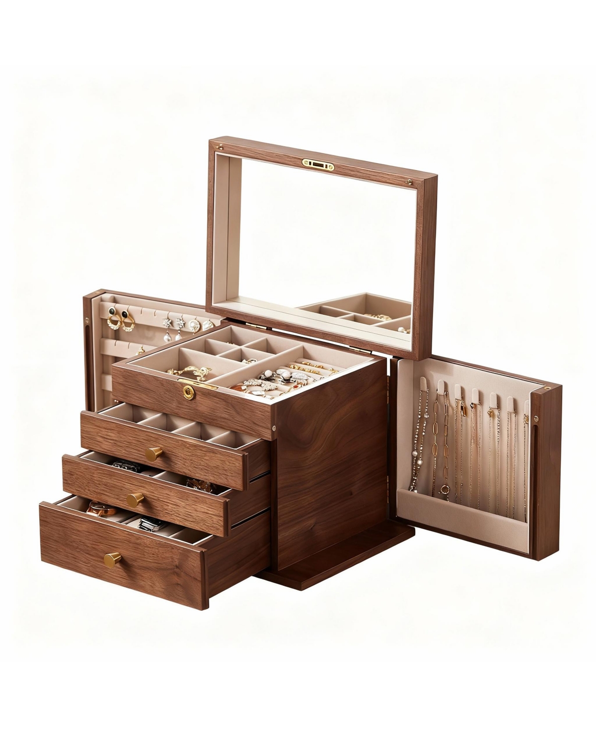 Yigii Luxury Walnut Jewelry Organizer with Mirror and Lock