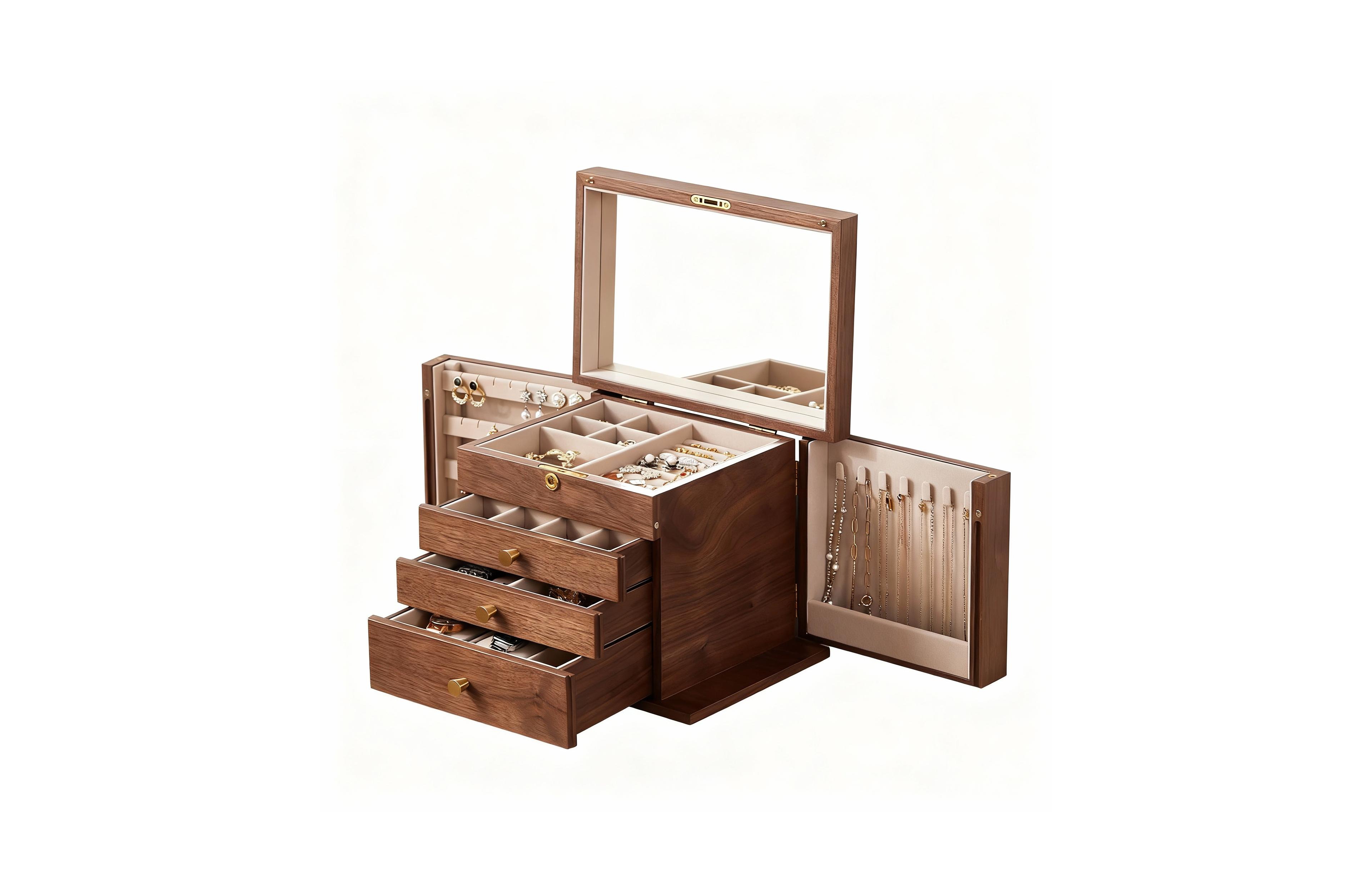 Yigii Luxury Walnut Jewelry Organizer with Mirror and Lock