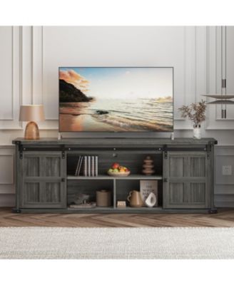 Farmhouse TV Stand for 75 Inch TV, Entertainment Center with Storage Cabinets and Sliding Barn Doors